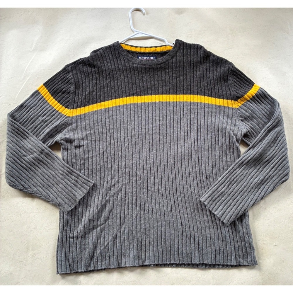 Vintage Aeropostale Mens XL Grey Knit Yellow Striped Crewneck Sweater Y2K